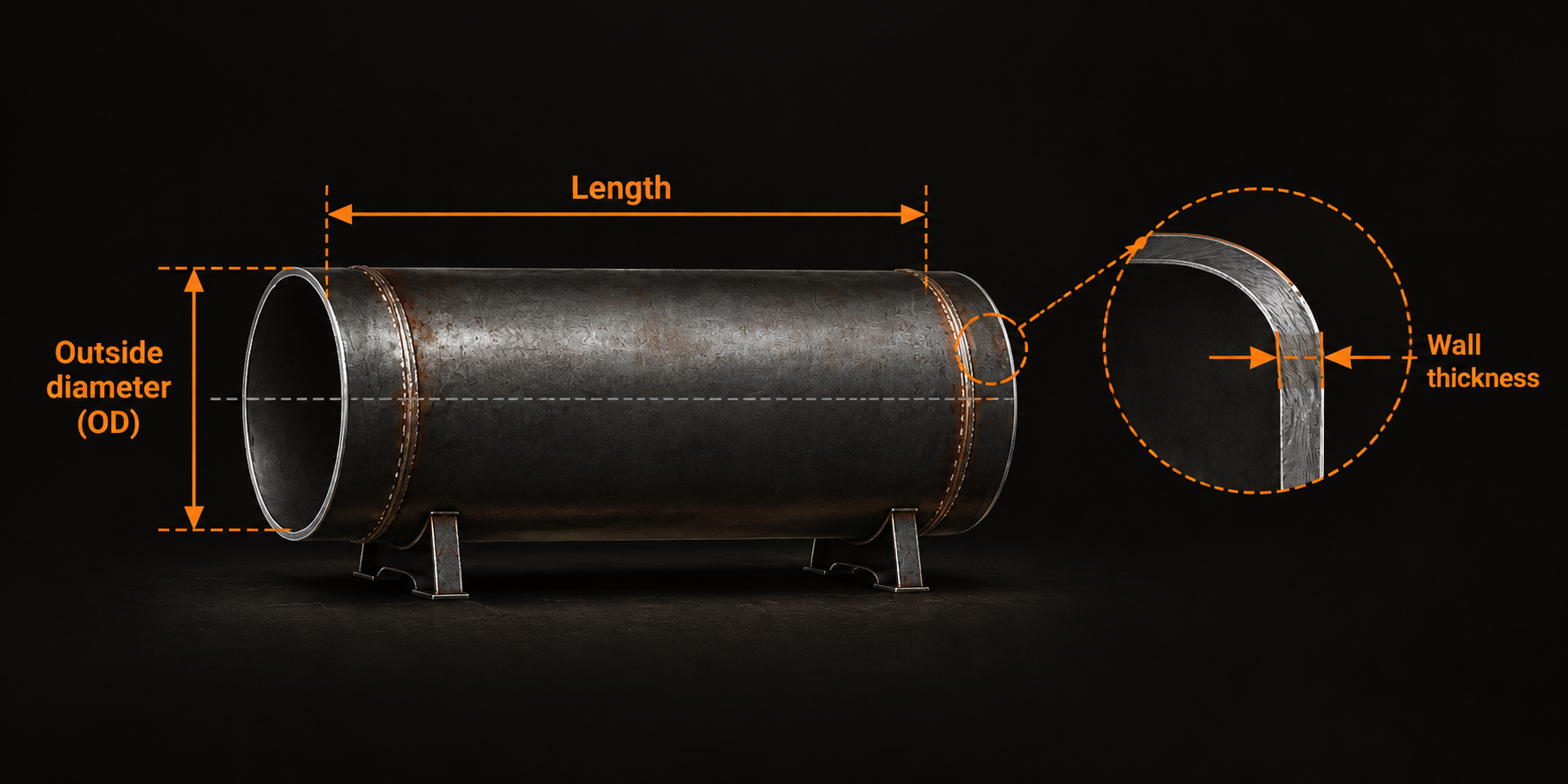 Cooking chamber showing outside diameter, length and wall thickness measurement locations.